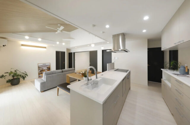庭へと視線が抜ける勾配天井と黒が映えるモダン平屋 - センチュリーハウス - キッチン