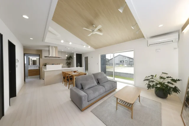 リビング - 鹿屋西祓川 平屋モデルハウス「勾配天井と広々20帖リビングの収納豊富な4LDK」(鹿屋市)