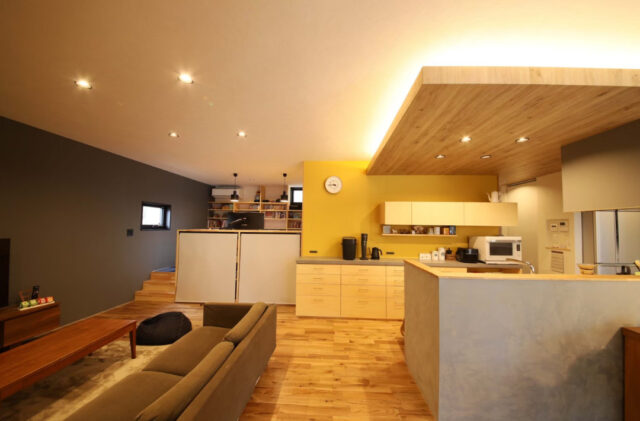 グリーンのガルバリウム外装と城好きのこだわりが光る色彩豊かな意匠とスキップフロアを愉しむ住まい - 中池組 - LDK