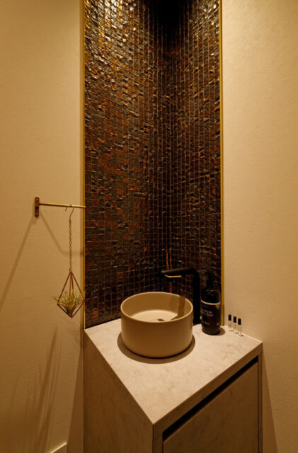 ダイナミックで植栽が映える外観と３居室で贅沢な間取りの35坪平屋 - 中池組 - 手洗い台