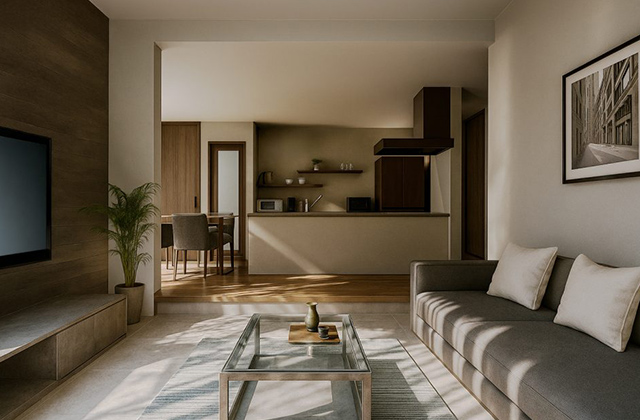 LDK - 薩摩川内市天辰モデルハウス「ダウンピットリビングのホテルライクな平屋」(薩摩川内市) - NEOデザインホーム