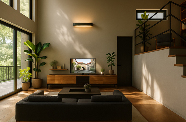 リビング - 鹿屋店モデルハウス「スキップフロア・ヌック・蔵収納を備えた上質なモダン邸宅」(鹿屋市) - NEOデザインホーム