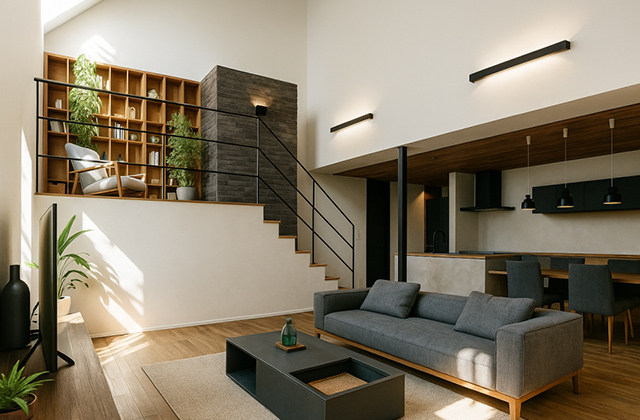 LDK - 鹿屋店モデルハウス「スキップフロア・ヌック・蔵収納を備えた上質なモダン邸宅」(鹿屋市) - NEOデザインホーム