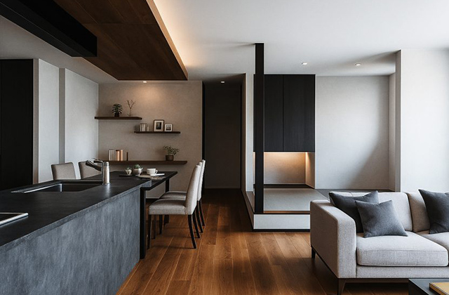 LDK - 南さつま市加世田モデルハウス「深い軒の影が美しい端正なガルバリウム外観の平屋」(南さつま市) - NEOデザインホーム