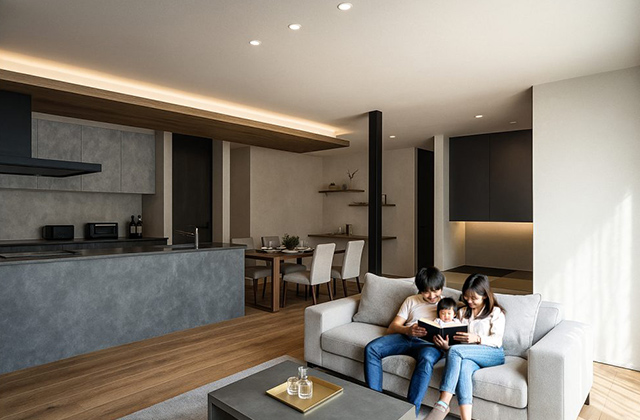 LDK - 南さつま市加世田モデルハウス「深い軒の影が美しい端正なガルバリウム外観の平屋」(南さつま市) - NEOデザインホーム