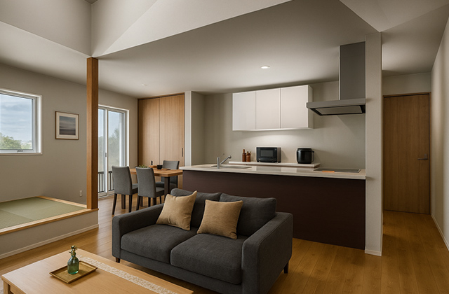 LDK - 霧島市国分上小川モデルハウス「23畳の大空間LDKが心地よいスクエアフォルムの家」(霧島市) - NEOデザインホーム