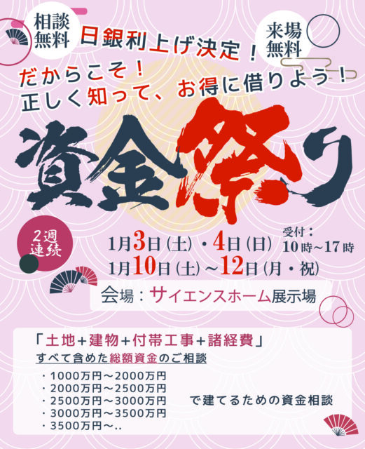霧島市隼人町・鹿児島市城山町にて「マイホーム貧乏にならないための相談会 資金祭り」を開催【1/3,4,10-12】