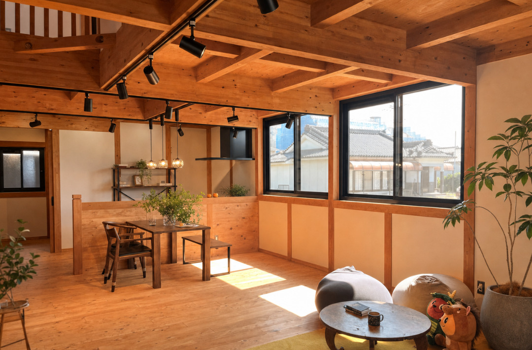 重厚な黒の大屋根と現し梁の温もりが心地よい平屋 - サイエンスホーム - LDK