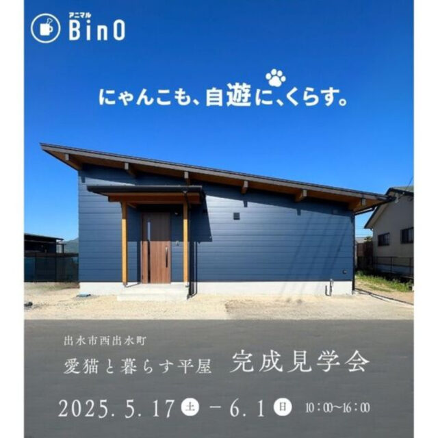 出水市西出水町にて「愛猫と暮らす平屋」の完成見学会【5/17-6/1】