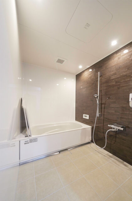 重厚感漂うモダンな佇まいのスキップフロアと和室がある神動線平屋 - トータルハウジング - 浴室