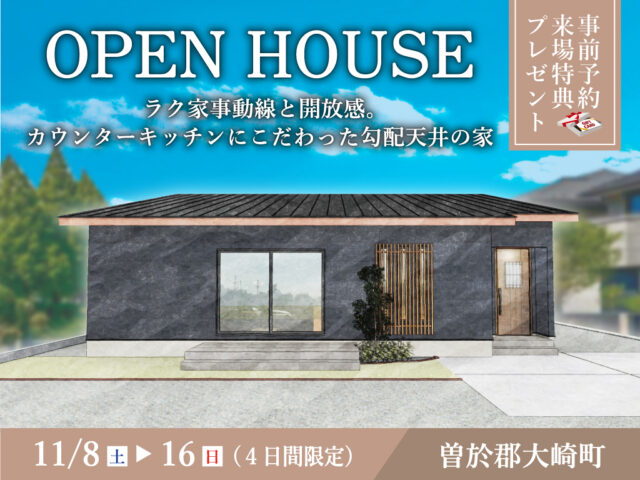 曽於郡大崎町にて「ラク家事動線と開放感。カウンターキッチンにこだわった勾配天井の家」のオープンハウス【11/8-16】