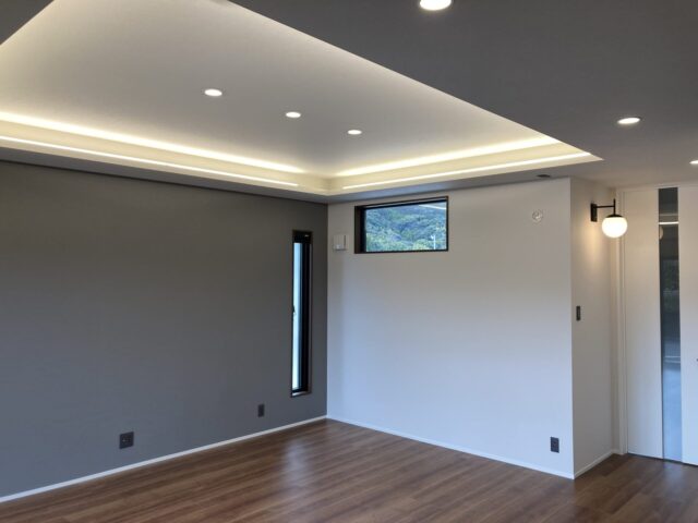 穏やかなダークトーンに立体感が映える約24帖LDKの大空間モダン平屋 - カマダの家 - リビング