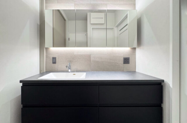 モノトーンで魅せるホテルライクな20帖超の大空間リビングがある大人モダンハウス - 津曲工業 - 洗面スペース